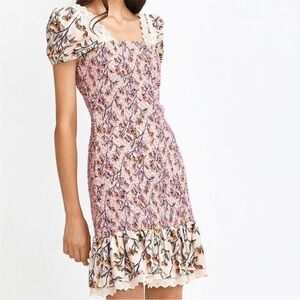 Foxiedox Maribella Mini Dress Smocked Flounce Floral Puff Sleeve Small